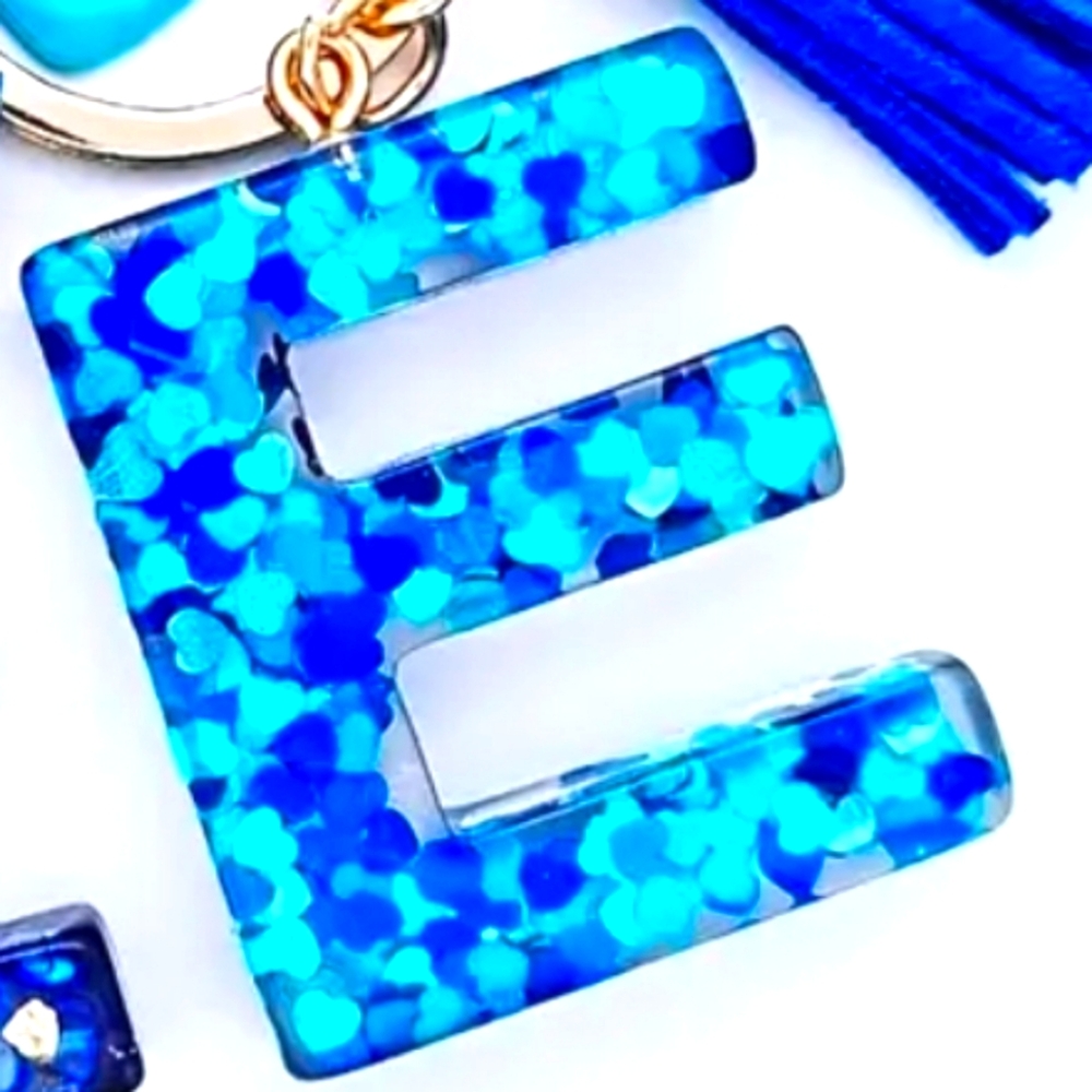 NEW! Resin Letter "E" Initial Keychain Purse Backpack Charm w/ Heart 🩵 & Tassel